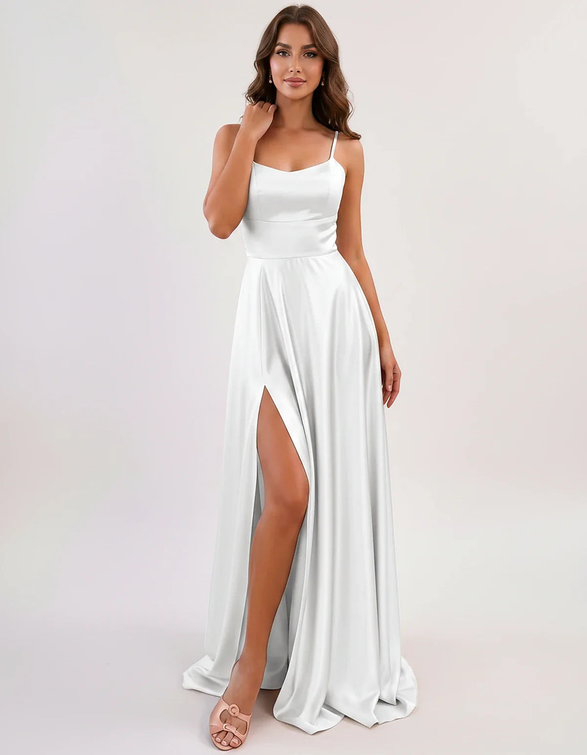 Satin Spaghetti Strap Scoop Neck A-Line Maxi Dress for Party, Cocktail, Evening, Wedding Guest, Bridesmaid & Summer Events, f | SKU: LMD-583741926184527-WHITE-L,LMD-583741926184527-WHITE-M,LMD-583741926184527-WHITE-S,LMD-583741926184527-WHITE-XL,LMD-583741926184527-WHITE-XS