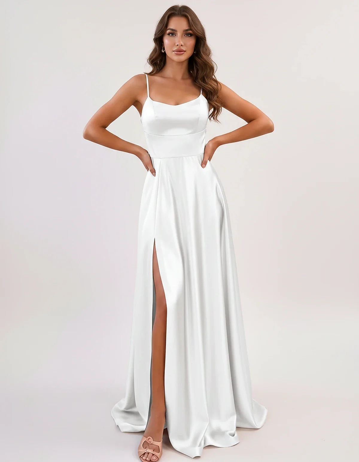 Satin Spaghetti Strap Scoop Neck A-Line Maxi Dress for Party, Cocktail, Evening, Wedding Guest, Bridesmaid & Summer Events, f | SKU: LMD-583741926184527-WHITE-L,LMD-583741926184527-WHITE-M,LMD-583741926184527-WHITE-S,LMD-583741926184527-WHITE-XL,LMD-583741926184527-WHITE-XS