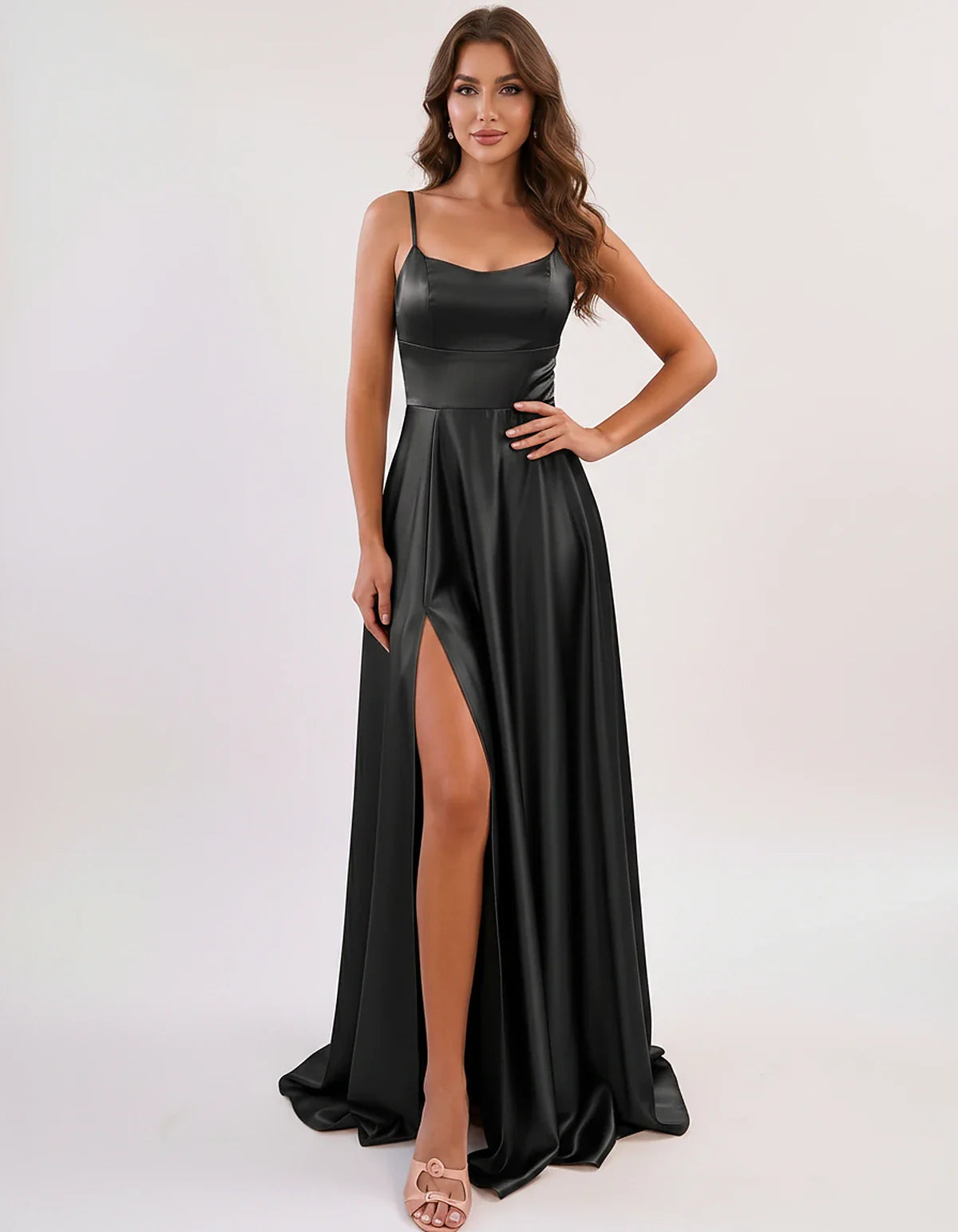 Satin Spaghetti Strap Scoop Neck A-Line Maxi Dress for Party, Cocktail, Evening, Wedding Guest, Bridesmaid & Summer Events, f | SKU: LMD-583741926184527-BLACK-L,LMD-583741926184527-BLACK-M,LMD-583741926184527-BLACK-S,LMD-583741926184527-BLACK-XL,LMD-583741926184527-BLACK-XS
