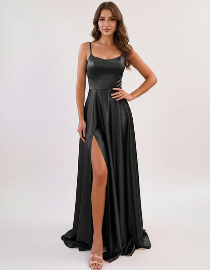 Satin Spaghetti Strap Scoop Neck A-Line Maxi Dress for Party, Cocktail, Evening, Wedding Guest, Bridesmaid & Summer Events, f | SKU: LMD-583741926184527-BLACK-L,LMD-583741926184527-BLACK-M,LMD-583741926184527-BLACK-S,LMD-583741926184527-BLACK-XL,LMD-583741926184527-BLACK-XS