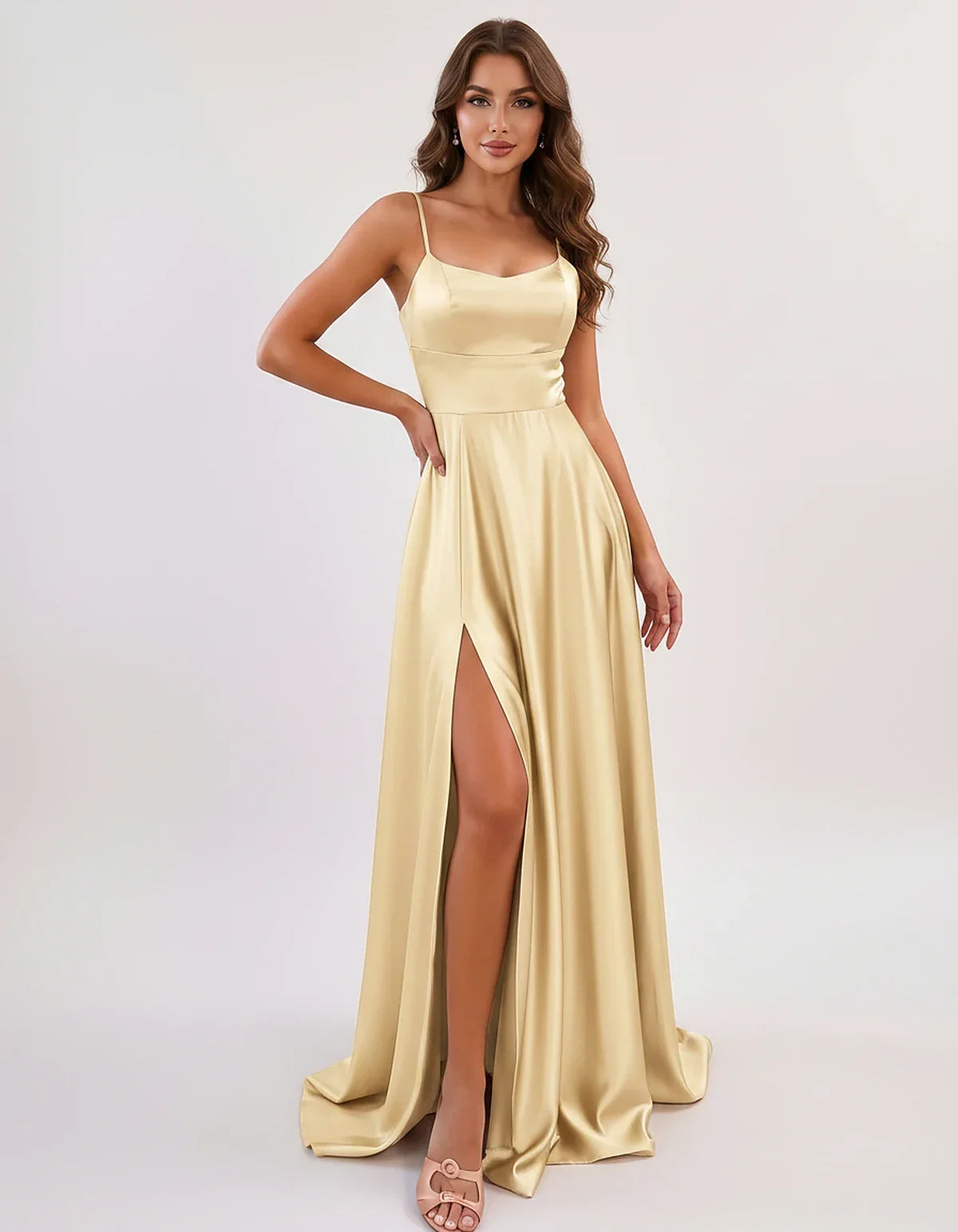 Satin Spaghetti Strap Scoop Neck A-Line Maxi Dress for Party, Cocktail, Evening, Wedding Guest, Bridesmaid & Summer Events, f | SKU: LMD-583741926184527-CHAMPAGNE-L,LMD-583741926184527-CHAMPAGNE-M,LMD-583741926184527-CHAMPAGNE-S,LMD-583741926184527-CHAMPAGNE-XL,LMD-583741926184527-CHAMPAGNE-XS