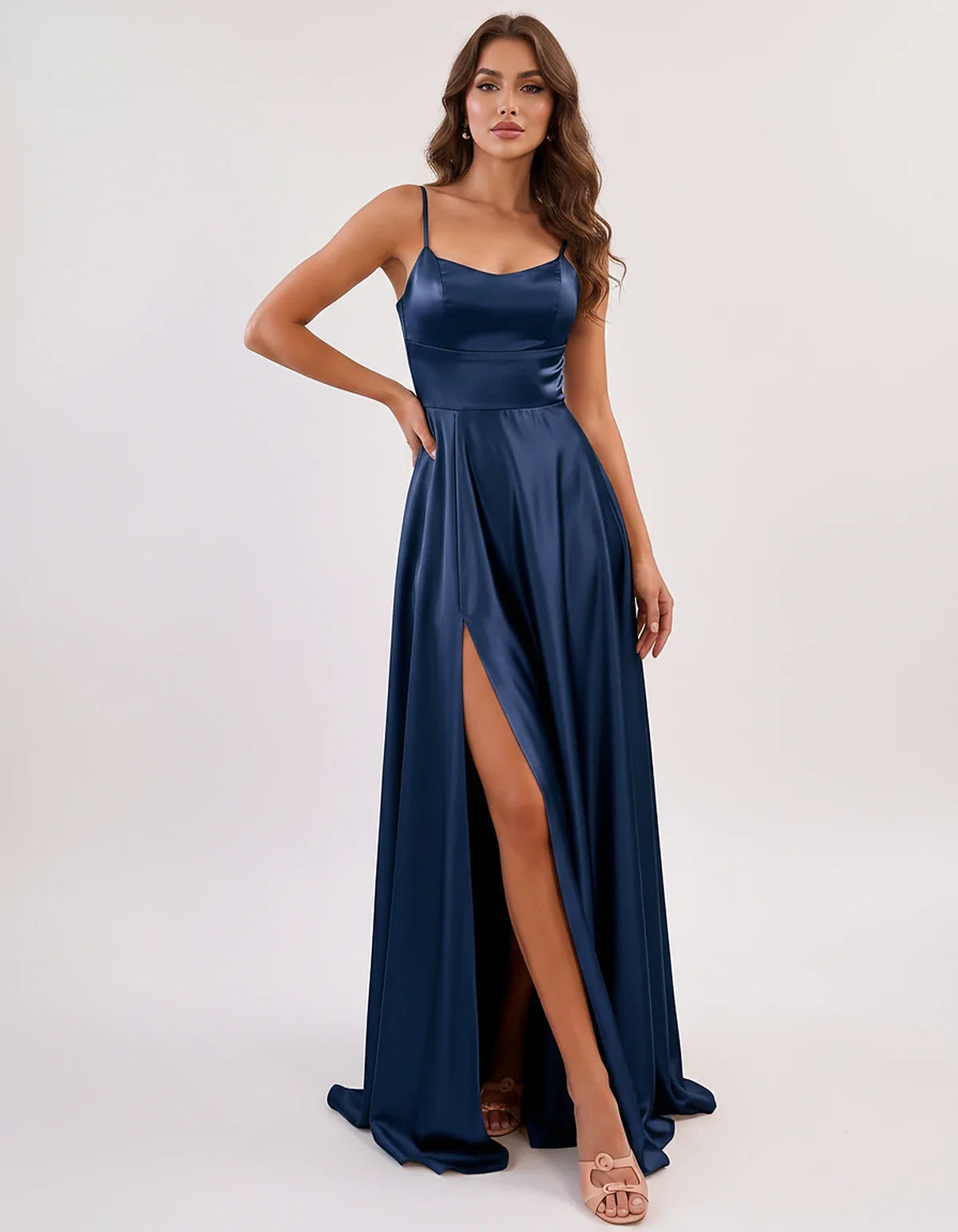 Satin Spaghetti Strap Scoop Neck A-Line Maxi Dress for Party, Cocktail, Evening, Wedding Guest, Bridesmaid & Summer Events, f | SKU: LMD-583741926184527-NAVY-L,LMD-583741926184527-NAVY-M,LMD-583741926184527-NAVY-S,LMD-583741926184527-NAVY-XL,LMD-583741926184527-NAVY-XS