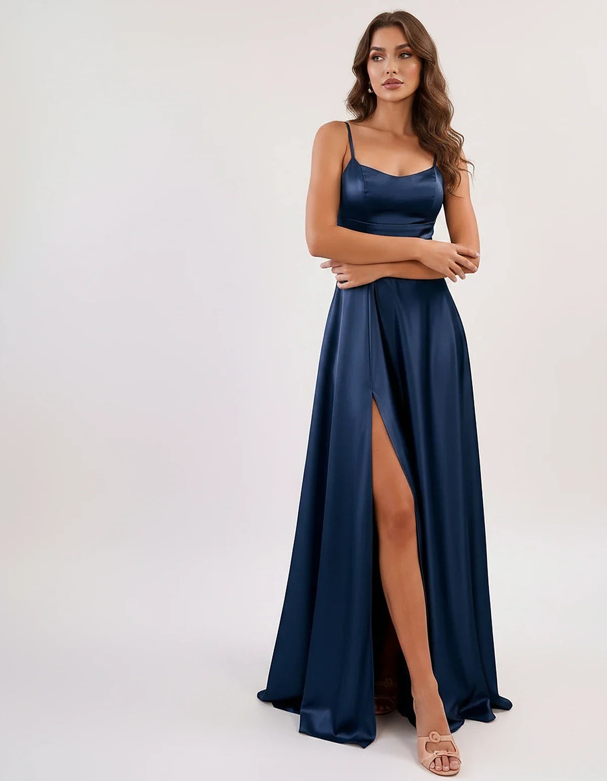 Satin Spaghetti Strap Scoop Neck A-Line Maxi Dress for Party, Cocktail, Evening, Wedding Guest, Bridesmaid & Summer Events, f | SKU: LMD-583741926184527-NAVY-L,LMD-583741926184527-NAVY-M,LMD-583741926184527-NAVY-S,LMD-583741926184527-NAVY-XL,LMD-583741926184527-NAVY-XS