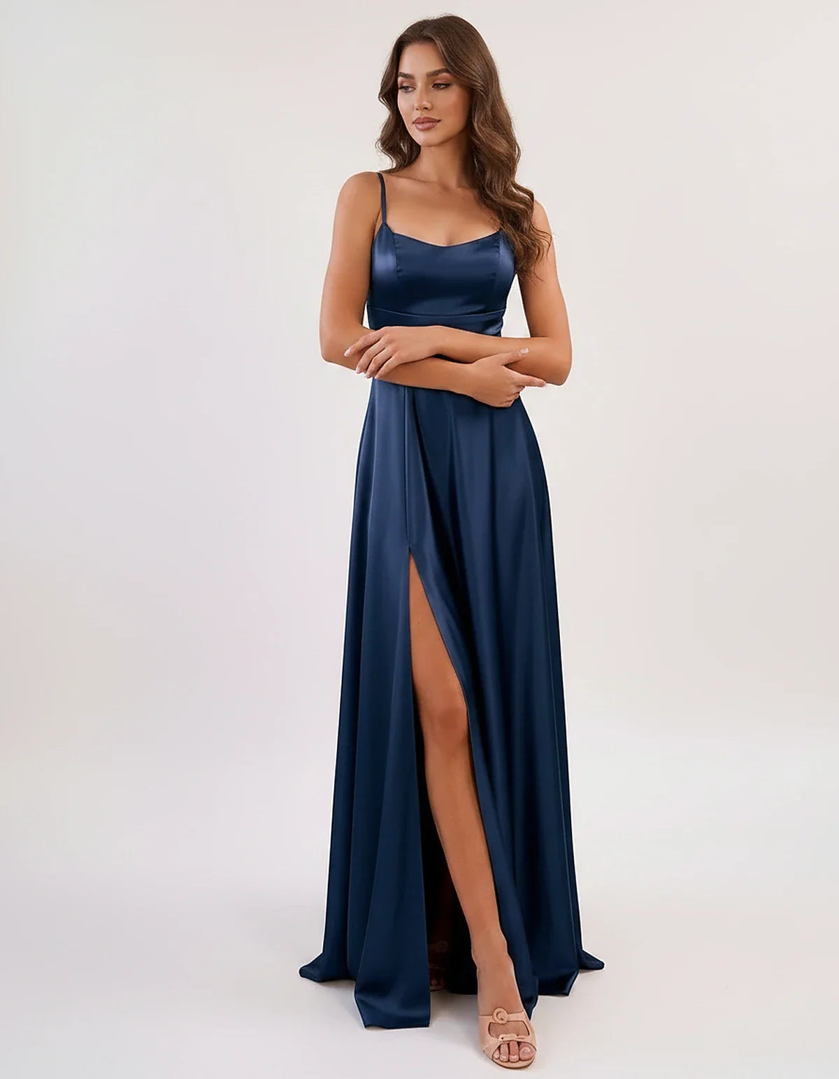 Satin Spaghetti Strap Scoop Neck A-Line Maxi Dress for Party, Cocktail, Evening, Wedding Guest, Bridesmaid & Summer Events, f | SKU: LMD-583741926184527-NAVY-L,LMD-583741926184527-NAVY-M,LMD-583741926184527-NAVY-S,LMD-583741926184527-NAVY-XL,LMD-583741926184527-NAVY-XS