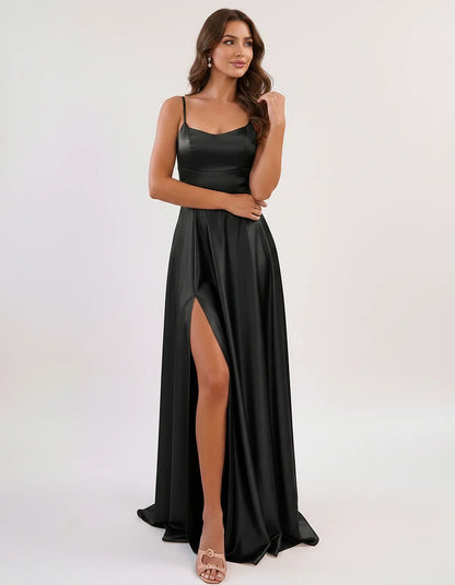 Satin Spaghetti Strap Scoop Neck A-Line Maxi Dress for Party, Cocktail, Evening, Wedding Guest, Bridesmaid & Summer Events, f | SKU: LMD-583741926184527-BLACK-L,LMD-583741926184527-BLACK-M,LMD-583741926184527-BLACK-S,LMD-583741926184527-BLACK-XL,LMD-583741926184527-BLACK-XS
