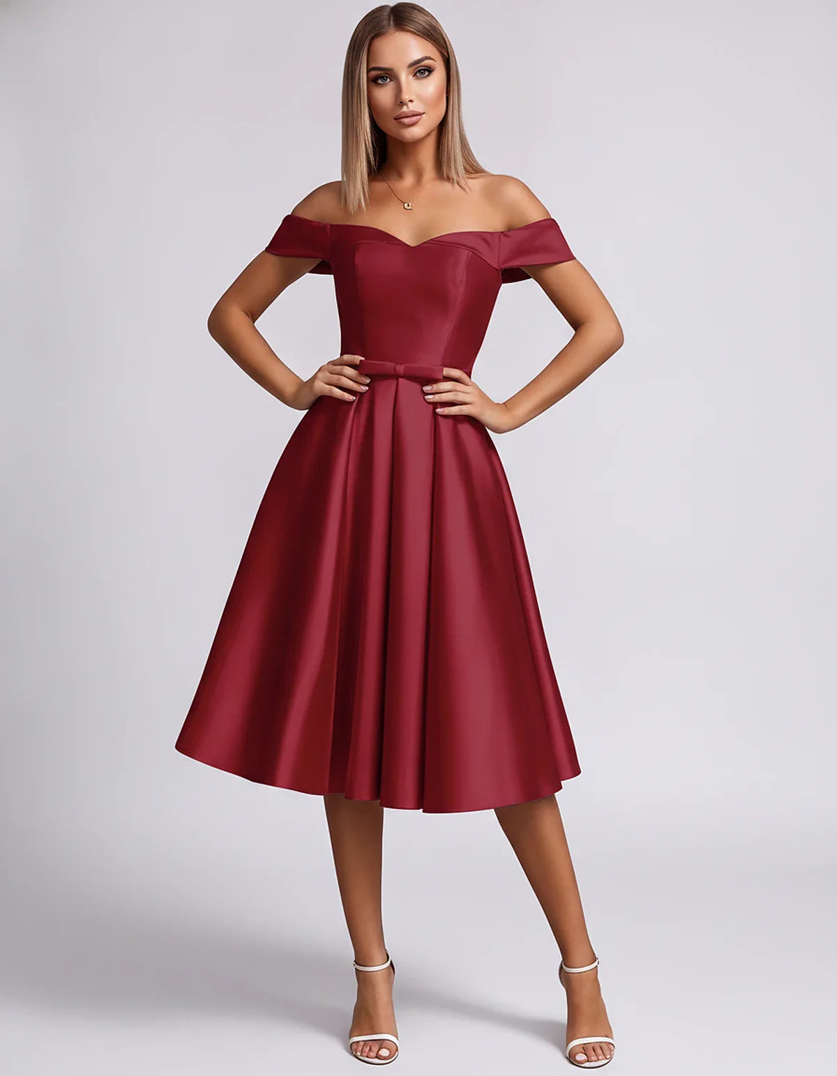 Satin Off-the-Shoulder Sweetheart A-Line Midi Dress with Pockets for Party, Cocktail, Evening, Wedding Guest & Summer Events, | SKU: LMD-584730196284715-BURGUNDY-L,LMD-584730196284715-BURGUNDY-M,LMD-584730196284715-BURGUNDY-S,LMD-584730196284715-BURGUNDY-XL,LMD-584730196284715-BURGUNDY-XS