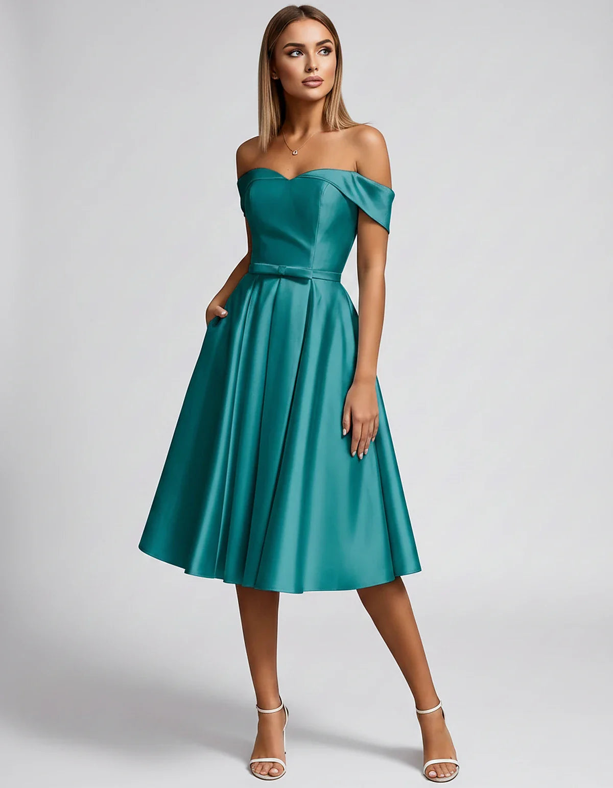 Satin Off-the-Shoulder Sweetheart A-Line Midi Dress with Pockets for Party, Cocktail, Evening, Wedding Guest & Summer Events, | SKU: LMD-584730196284715-PEACOCK-L,LMD-584730196284715-PEACOCK-M,LMD-584730196284715-PEACOCK-S,LMD-584730196284715-PEACOCK-XL,LMD-584730196284715-PEACOCKS-XS