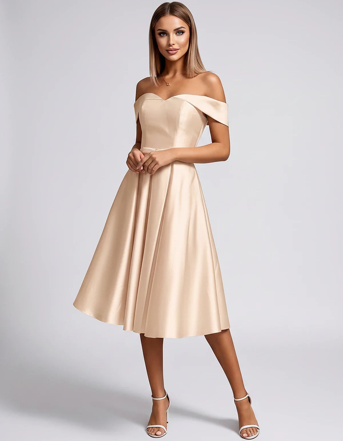Satin Off-the-Shoulder Sweetheart A-Line Midi Dress with Pockets for Party, Cocktail, Evening, Wedding Guest & Summer Events, | SKU: LMD-584730196284715-BEIGE-L,LMD-584730196284715-BEIGE-M,LMD-584730196284715-BEIGE-S,LMD-584730196284715-BEIGE-XL,LMD-584730196284715-BEIGE-XS