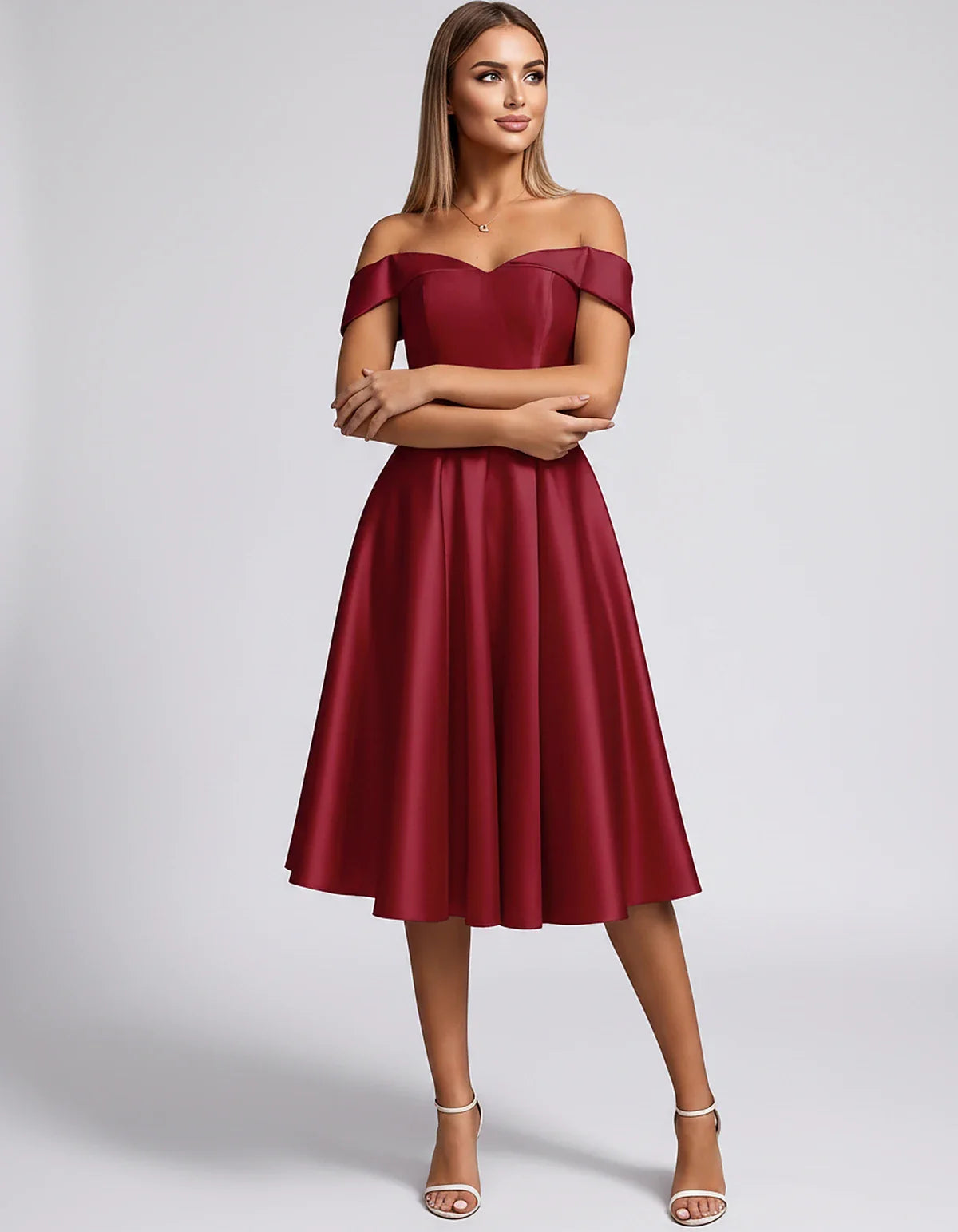 Satin Off-the-Shoulder Sweetheart A-Line Midi Dress with Pockets for Party, Cocktail, Evening, Wedding Guest & Summer Events, | SKU: LMD-584730196284715-BURGUNDY-L,LMD-584730196284715-BURGUNDY-M,LMD-584730196284715-BURGUNDY-S,LMD-584730196284715-BURGUNDY-XL,LMD-584730196284715-BURGUNDY-XS