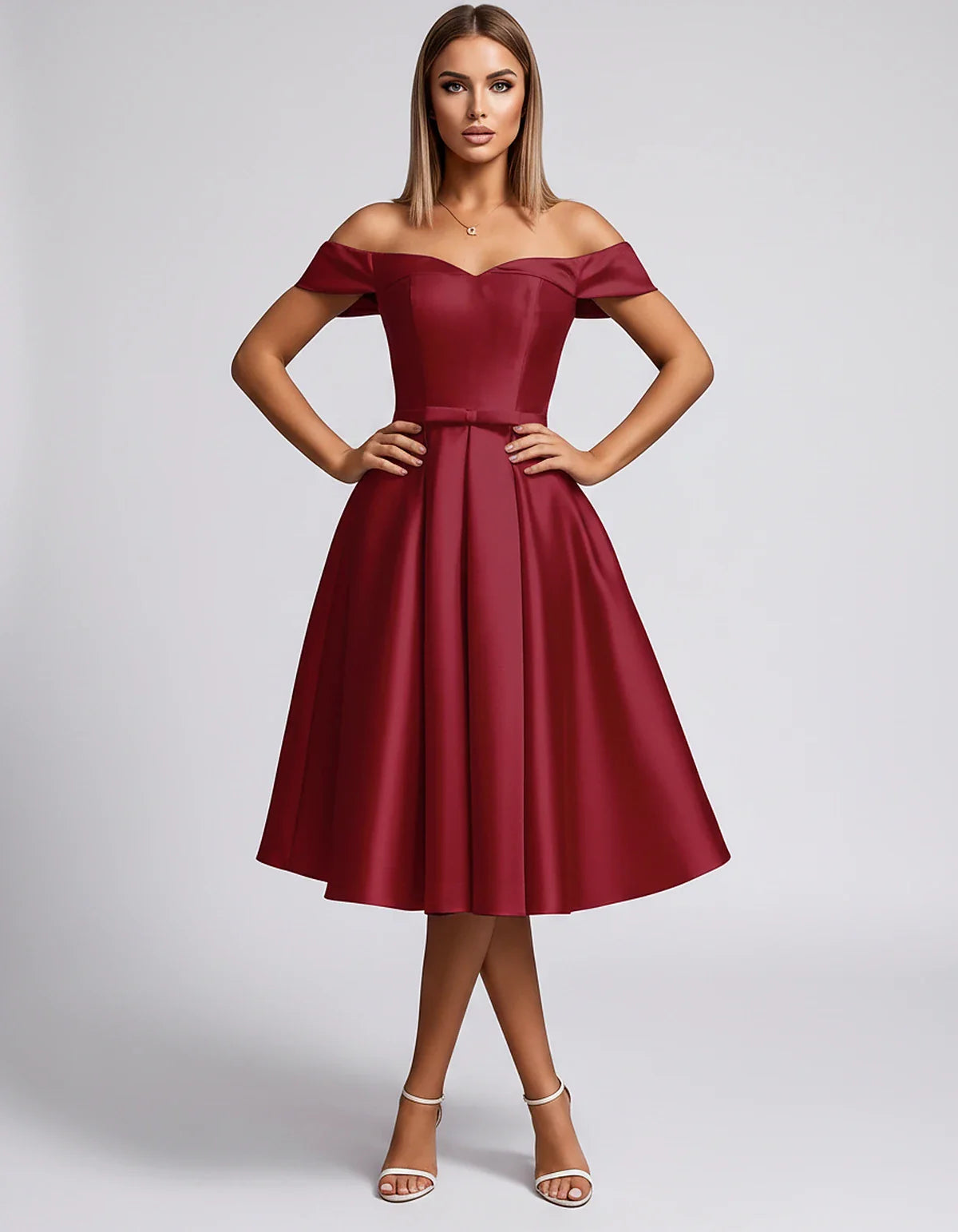 Satin Off-the-Shoulder Sweetheart A-Line Midi Dress with Pockets for Party, Cocktail, Evening, Wedding Guest & Summer Events, | SKU: LMD-584730196284715-BURGUNDY-L,LMD-584730196284715-BURGUNDY-M,LMD-584730196284715-BURGUNDY-S,LMD-584730196284715-BURGUNDY-XL,LMD-584730196284715-BURGUNDY-XS