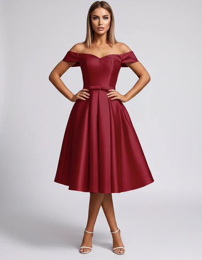 Satin Off-the-Shoulder Sweetheart A-Line Midi Dress with Pockets for Party, Cocktail, Evening, Wedding Guest & Summer Events, | SKU: LMD-584730196284715-BURGUNDY-L,LMD-584730196284715-BURGUNDY-M,LMD-584730196284715-BURGUNDY-S,LMD-584730196284715-BURGUNDY-XL,LMD-584730196284715-BURGUNDY-XS