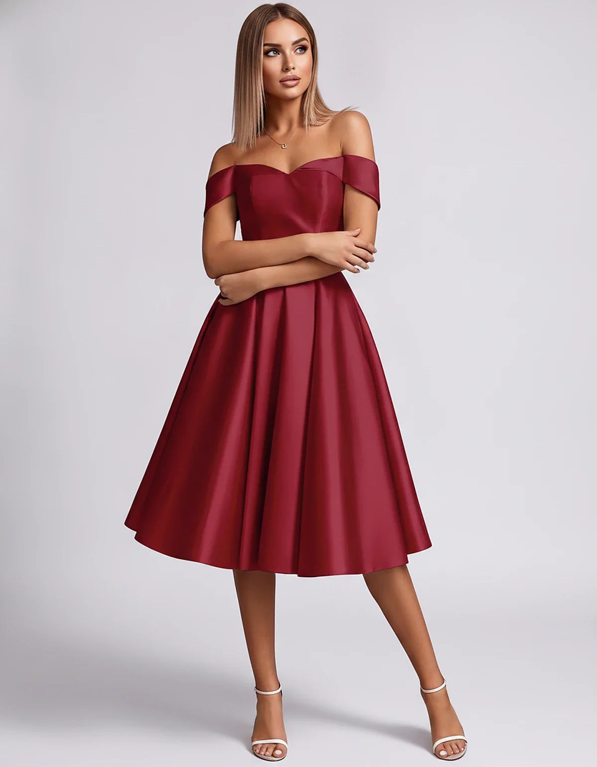 Satin Off-the-Shoulder Sweetheart A-Line Midi Dress with Pockets for Party, Cocktail, Evening, Wedding Guest & Summer Events, | SKU: LMD-584730196284715-BURGUNDY-L,LMD-584730196284715-BURGUNDY-M,LMD-584730196284715-BURGUNDY-S,LMD-584730196284715-BURGUNDY-XL,LMD-584730196284715-BURGUNDY-XS