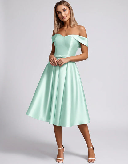 Satin Off-the-Shoulder Sweetheart A-Line Midi Dress with Pockets for Party, Cocktail, Evening, Wedding Guest & Summer Events, | SKU: LMD-584730196284715-MINT-L,LMD-584730196284715-MINT-M,LMD-584730196284715-MINT-S,LMD-584730196284715-MINT-XL,LMD-584730196284715-MINT-XS