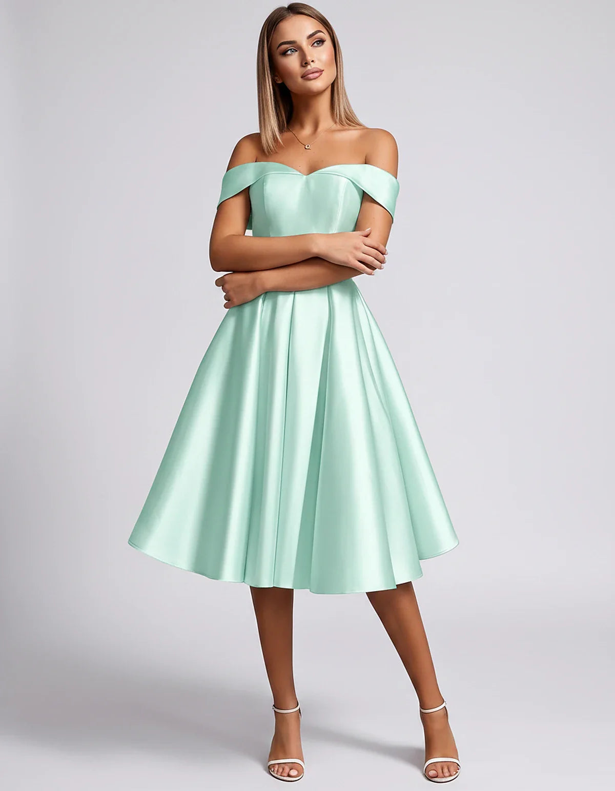 Satin Off-the-Shoulder Sweetheart A-Line Midi Dress with Pockets for Party, Cocktail, Evening, Wedding Guest & Summer Events, | SKU: LMD-584730196284715-MINT-L,LMD-584730196284715-MINT-M,LMD-584730196284715-MINT-S,LMD-584730196284715-MINT-XL,LMD-584730196284715-MINT-XS