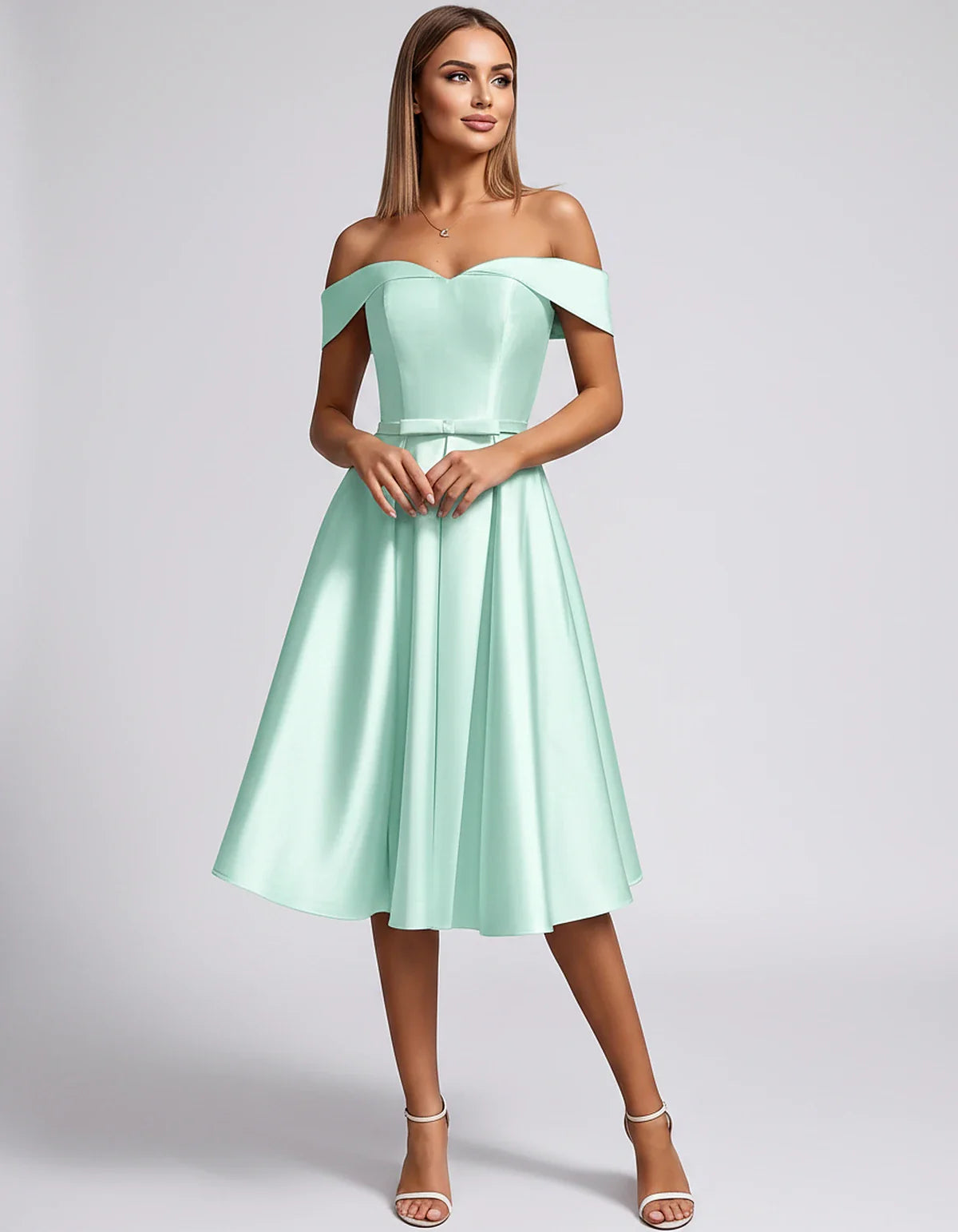 Satin Off-the-Shoulder Sweetheart A-Line Midi Dress with Pockets for Party, Cocktail, Evening, Wedding Guest & Summer Events, | SKU: LMD-584730196284715-MINT-L,LMD-584730196284715-MINT-M,LMD-584730196284715-MINT-S,LMD-584730196284715-MINT-XL,LMD-584730196284715-MINT-XS
