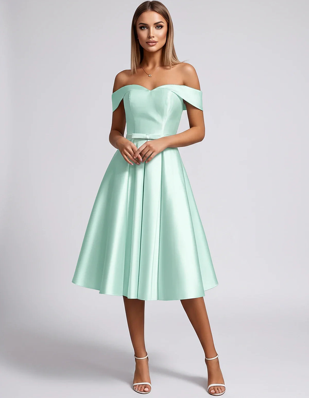 Satin Off-the-Shoulder Sweetheart A-Line Midi Dress with Pockets for Party, Cocktail, Evening, Wedding Guest & Summer Events, | SKU: LMD-584730196284715-MINT-L,LMD-584730196284715-MINT-M,LMD-584730196284715-MINT-S,LMD-584730196284715-MINT-XL,LMD-584730196284715-MINT-XS