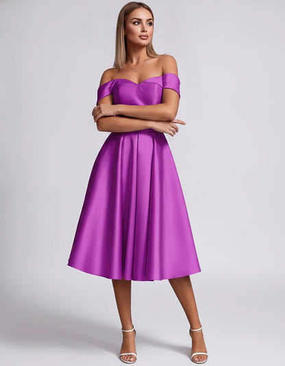 Satin Off-the-Shoulder Sweetheart A-Line Midi Dress with Pockets for Party, Cocktail, Evening, Wedding Guest & Summer Events, | SKU: LMD-584730196284715-PURPLE-L,LMD-584730196284715-PURPLE-M,LMD-584730196284715-PURPLE-S,LMD-584730196284715-PURPLE-XL,LMD-584730196284715-PURPLE-XS