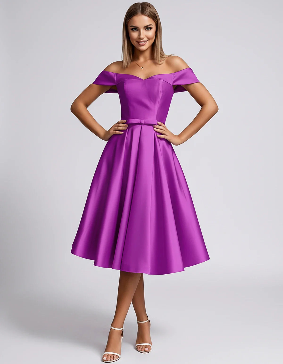 Satin Off-the-Shoulder Sweetheart A-Line Midi Dress with Pockets for Party, Cocktail, Evening, Wedding Guest & Summer Events, | SKU: LMD-584730196284715-PURPLE-L,LMD-584730196284715-PURPLE-M,LMD-584730196284715-PURPLE-S,LMD-584730196284715-PURPLE-XL,LMD-584730196284715-PURPLE-XS