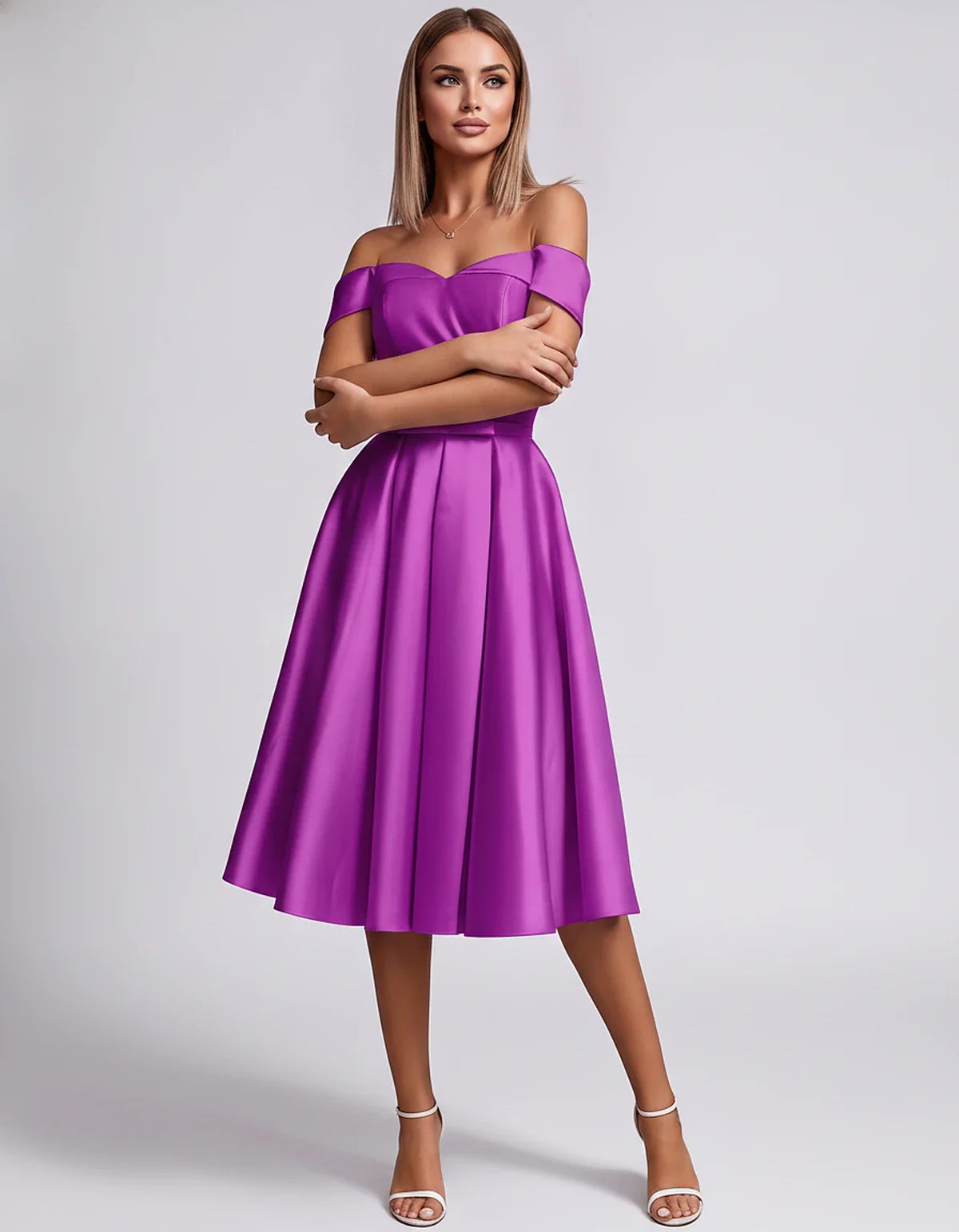 Satin Off-the-Shoulder Sweetheart A-Line Midi Dress with Pockets for Party, Cocktail, Evening, Wedding Guest & Summer Events, | SKU: LMD-584730196284715-PURPLE-L,LMD-584730196284715-PURPLE-M,LMD-584730196284715-PURPLE-S,LMD-584730196284715-PURPLE-XL,LMD-584730196284715-PURPLE-XS