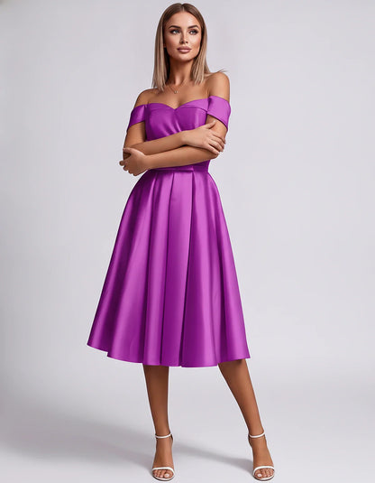 Satin Off-the-Shoulder Sweetheart A-Line Midi Dress with Pockets for Party, Cocktail, Evening, Wedding Guest & Summer Events, | SKU: LMD-584730196284715-PURPLE-L,LMD-584730196284715-PURPLE-M,LMD-584730196284715-PURPLE-S,LMD-584730196284715-PURPLE-XL,LMD-584730196284715-PURPLE-XS