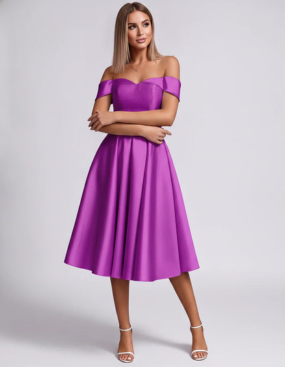 Satin Off-the-Shoulder Sweetheart A-Line Midi Dress with Pockets for Party, Cocktail, Evening, Wedding Guest & Summer Events, | SKU: LMD-584730196284715-PURPLE-L,LMD-584730196284715-PURPLE-M,LMD-584730196284715-PURPLE-S,LMD-584730196284715-PURPLE-XL,LMD-584730196284715-PURPLE-XS