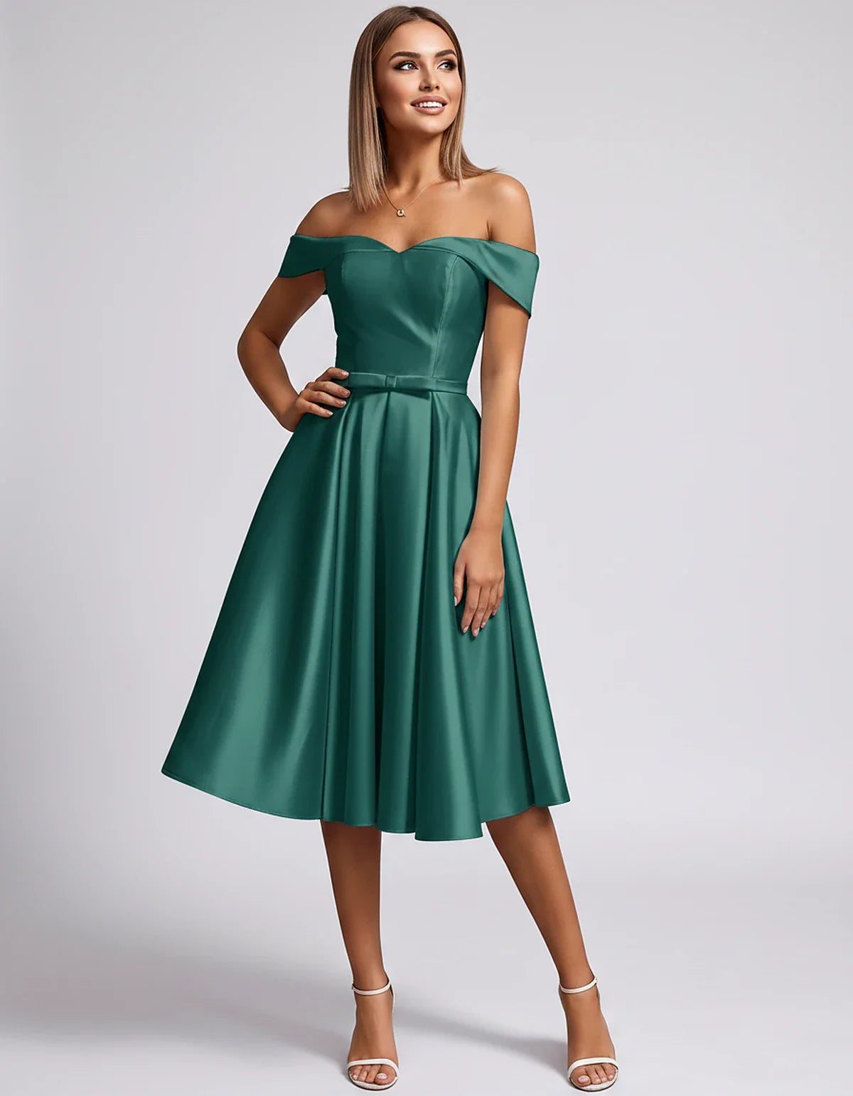 Satin Off-the-Shoulder Sweetheart A-Line Midi Dress with Pockets for Party, Cocktail, Evening, Wedding Guest & Summer Events, | SKU: LMD-584730196284715-GREEN-L,LMD-584730196284715-GREEN-M,LMD-584730196284715-GREEN-S,LMD-584730196284715-GREEN-XL,LMD-584730196284715-GREEN-XS