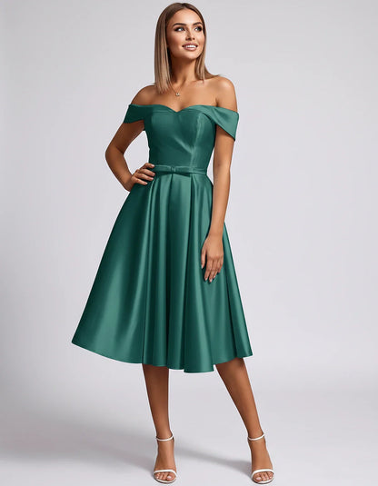 Satin Off-the-Shoulder Sweetheart A-Line Midi Dress with Pockets for Party, Cocktail, Evening, Wedding Guest & Summer Events, | SKU: LMD-584730196284715-GREEN-L,LMD-584730196284715-GREEN-M,LMD-584730196284715-GREEN-S,LMD-584730196284715-GREEN-XL,LMD-584730196284715-GREEN-XS