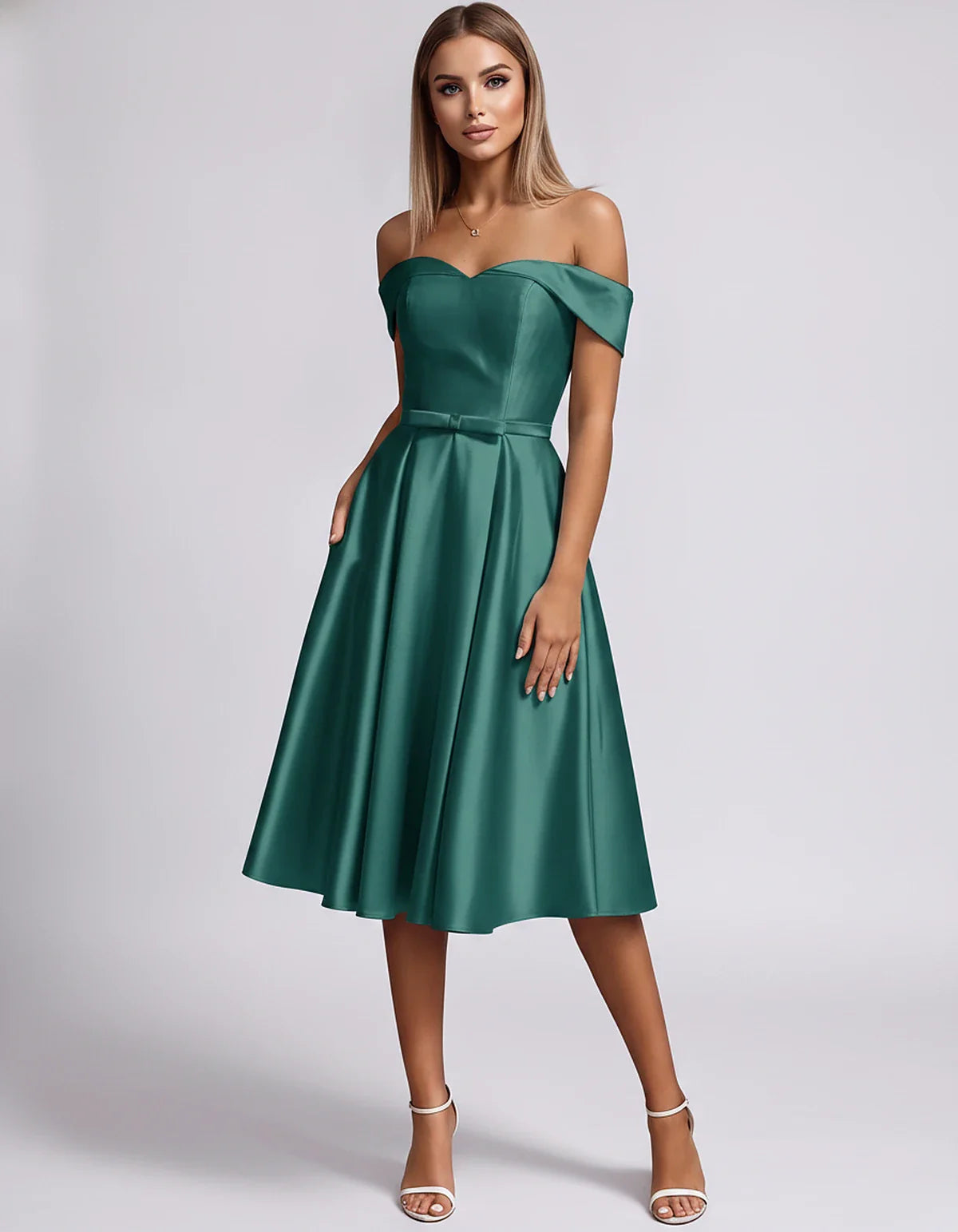 Satin Off-the-Shoulder Sweetheart A-Line Midi Dress with Pockets for Party, Cocktail, Evening, Wedding Guest & Summer Events, | SKU: LMD-584730196284715-GREEN-L,LMD-584730196284715-GREEN-M,LMD-584730196284715-GREEN-S,LMD-584730196284715-GREEN-XL,LMD-584730196284715-GREEN-XS
