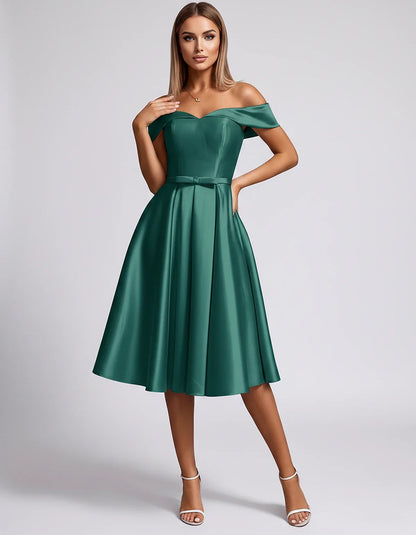 Satin Off-the-Shoulder Sweetheart A-Line Midi Dress with Pockets for Party, Cocktail, Evening, Wedding Guest & Summer Events, | SKU: LMD-584730196284715-GREEN-L,LMD-584730196284715-GREEN-M,LMD-584730196284715-GREEN-S,LMD-584730196284715-GREEN-XL,LMD-584730196284715-GREEN-XS