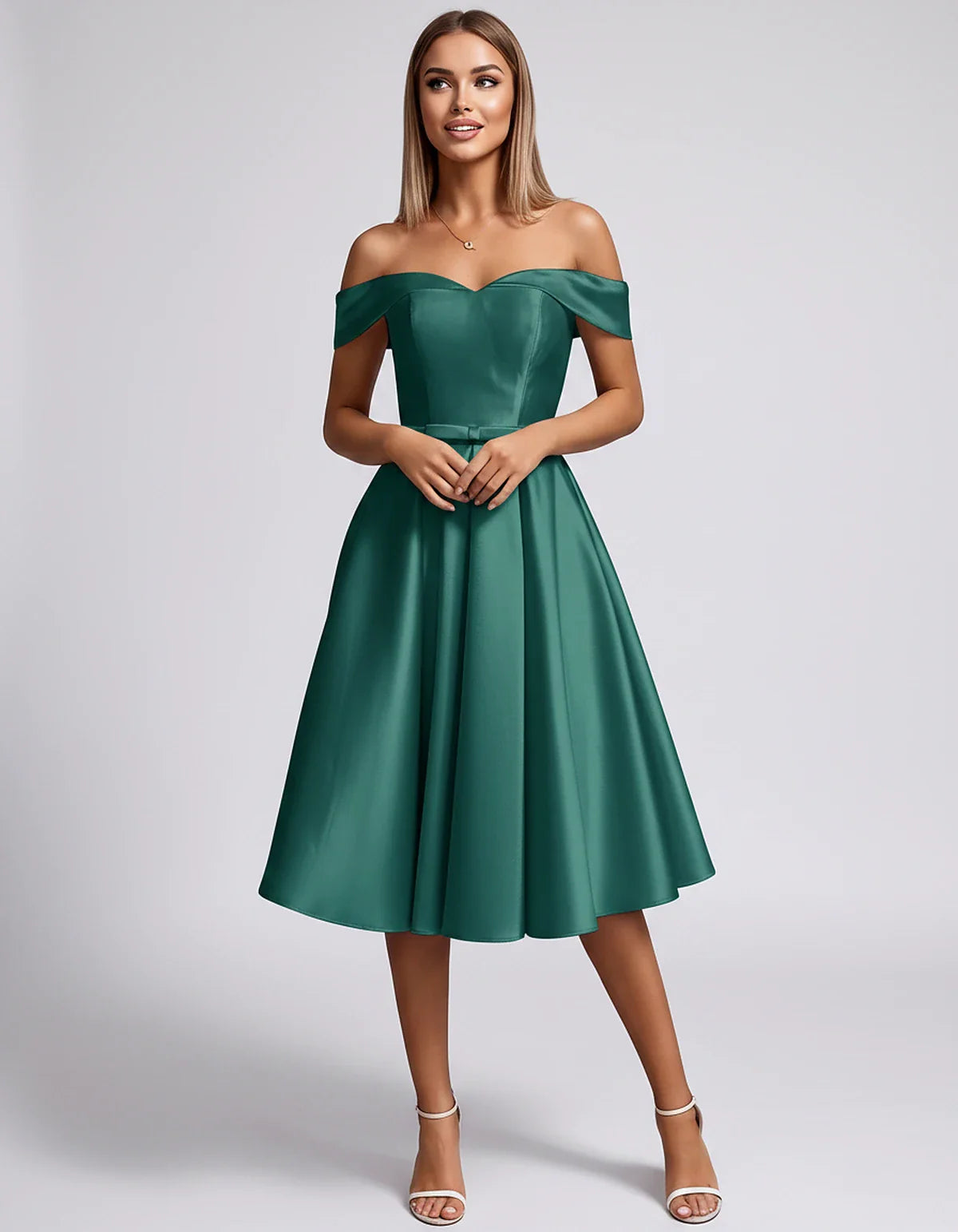 Satin Off-the-Shoulder Sweetheart A-Line Midi Dress with Pockets for Party, Cocktail, Evening, Wedding Guest & Summer Events, | SKU: LMD-584730196284715-GREEN-L,LMD-584730196284715-GREEN-M,LMD-584730196284715-GREEN-S,LMD-584730196284715-GREEN-XL,LMD-584730196284715-GREEN-XS