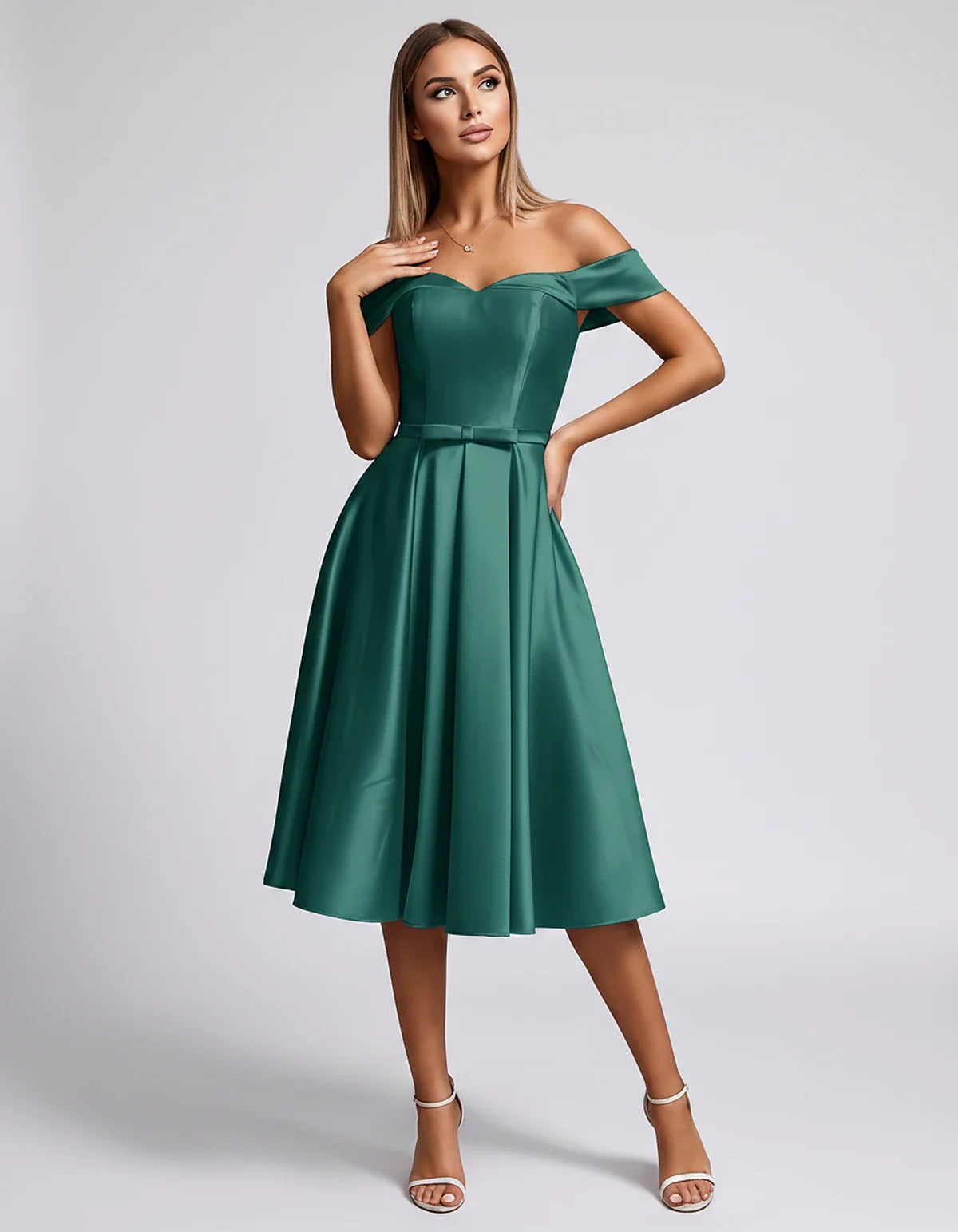 Satin Off-the-Shoulder Sweetheart A-Line Midi Dress with Pockets for Party, Cocktail, Evening, Wedding Guest & Summer Events, | SKU: LMD-584730196284715-GREEN-L,LMD-584730196284715-GREEN-M,LMD-584730196284715-GREEN-S,LMD-584730196284715-GREEN-XL,LMD-584730196284715-GREEN-XS