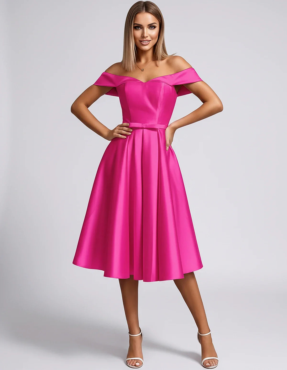 Satin Off-the-Shoulder Sweetheart A-Line Midi Dress with Pockets for Party, Cocktail, Evening, Wedding Guest & Summer Events, | SKU: LMD-584730196284715-HOTPINK-L,LMD-584730196284715-HOTPINK-M,LMD-584730196284715-HOTPINK-S,LMD-584730196284715-HOTPINK-XL,LMD-584730196284715-HOTPINK-XS