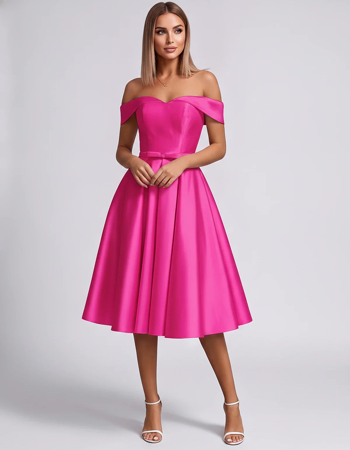 Satin Off-the-Shoulder Sweetheart A-Line Midi Dress with Pockets for Party, Cocktail, Evening, Wedding Guest & Summer Events, | SKU: LMD-584730196284715-HOTPINK-L,LMD-584730196284715-HOTPINK-M,LMD-584730196284715-HOTPINK-S,LMD-584730196284715-HOTPINK-XL,LMD-584730196284715-HOTPINK-XS
