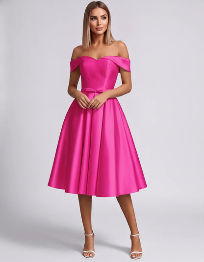 Satin Off-the-Shoulder Sweetheart A-Line Midi Dress with Pockets for Party, Cocktail, Evening, Wedding Guest & Summer Events, | SKU: LMD-584730196284715-HOTPINK-L,LMD-584730196284715-HOTPINK-M,LMD-584730196284715-HOTPINK-S,LMD-584730196284715-HOTPINK-XL,LMD-584730196284715-HOTPINK-XS