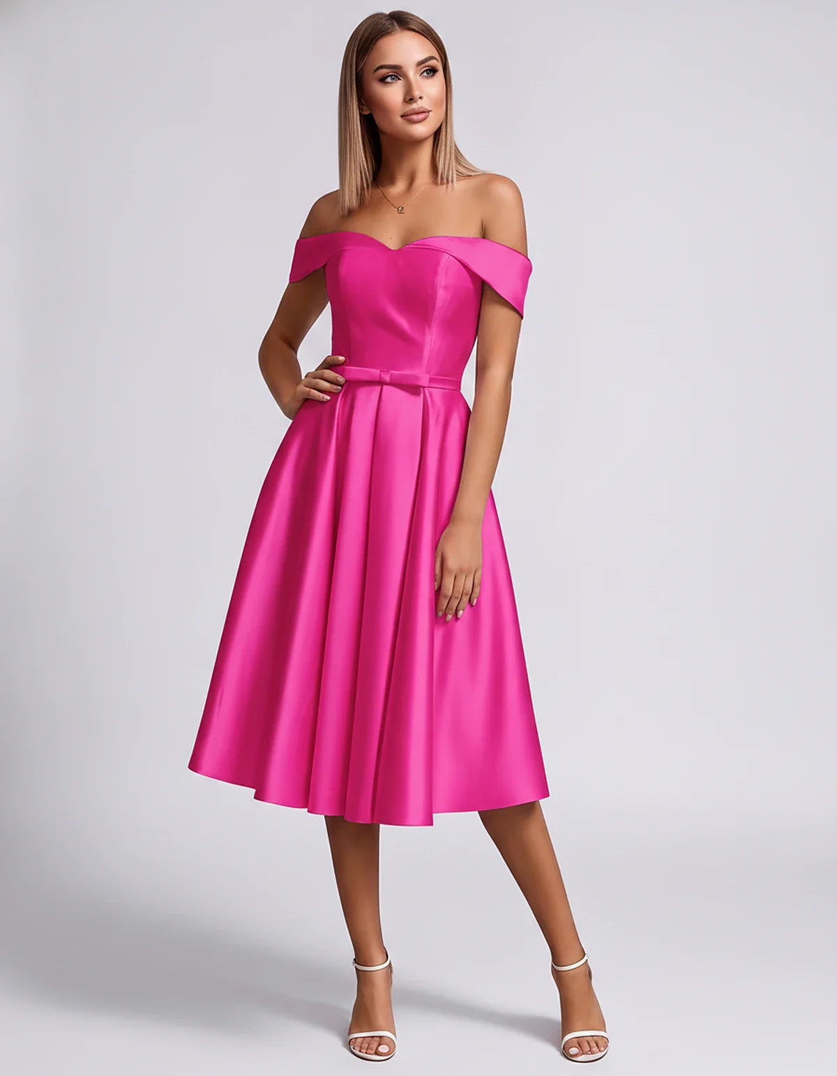 Satin Off-the-Shoulder Sweetheart A-Line Midi Dress with Pockets for Party, Cocktail, Evening, Wedding Guest & Summer Events, | SKU: LMD-584730196284715-HOTPINK-L,LMD-584730196284715-HOTPINK-M,LMD-584730196284715-HOTPINK-S,LMD-584730196284715-HOTPINK-XL,LMD-584730196284715-HOTPINK-XS