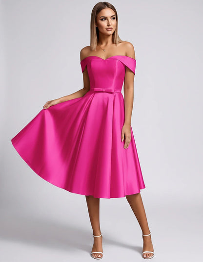 Satin Off-the-Shoulder Sweetheart A-Line Midi Dress with Pockets for Party, Cocktail, Evening, Wedding Guest & Summer Events, | SKU: LMD-584730196284715-HOTPINK-L,LMD-584730196284715-HOTPINK-M,LMD-584730196284715-HOTPINK-S,LMD-584730196284715-HOTPINK-XL,LMD-584730196284715-HOTPINK-XS