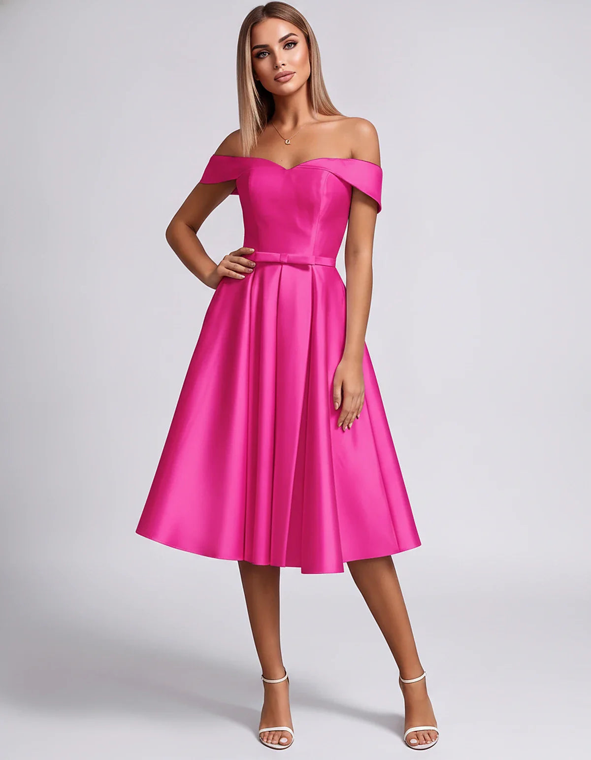 Satin Off-the-Shoulder Sweetheart A-Line Midi Dress with Pockets for Party, Cocktail, Evening, Wedding Guest & Summer Events, | SKU: LMD-584730196284715-HOTPINK-L,LMD-584730196284715-HOTPINK-M,LMD-584730196284715-HOTPINK-S,LMD-584730196284715-HOTPINK-XL,LMD-584730196284715-HOTPINK-XS