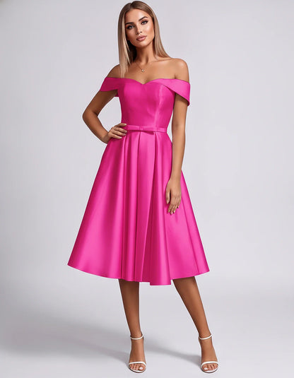 Satin Off-the-Shoulder Sweetheart A-Line Midi Dress with Pockets for Party, Cocktail, Evening, Wedding Guest & Summer Events, | SKU: LMD-584730196284715-HOTPINK-L,LMD-584730196284715-HOTPINK-M,LMD-584730196284715-HOTPINK-S,LMD-584730196284715-HOTPINK-XL,LMD-584730196284715-HOTPINK-XS