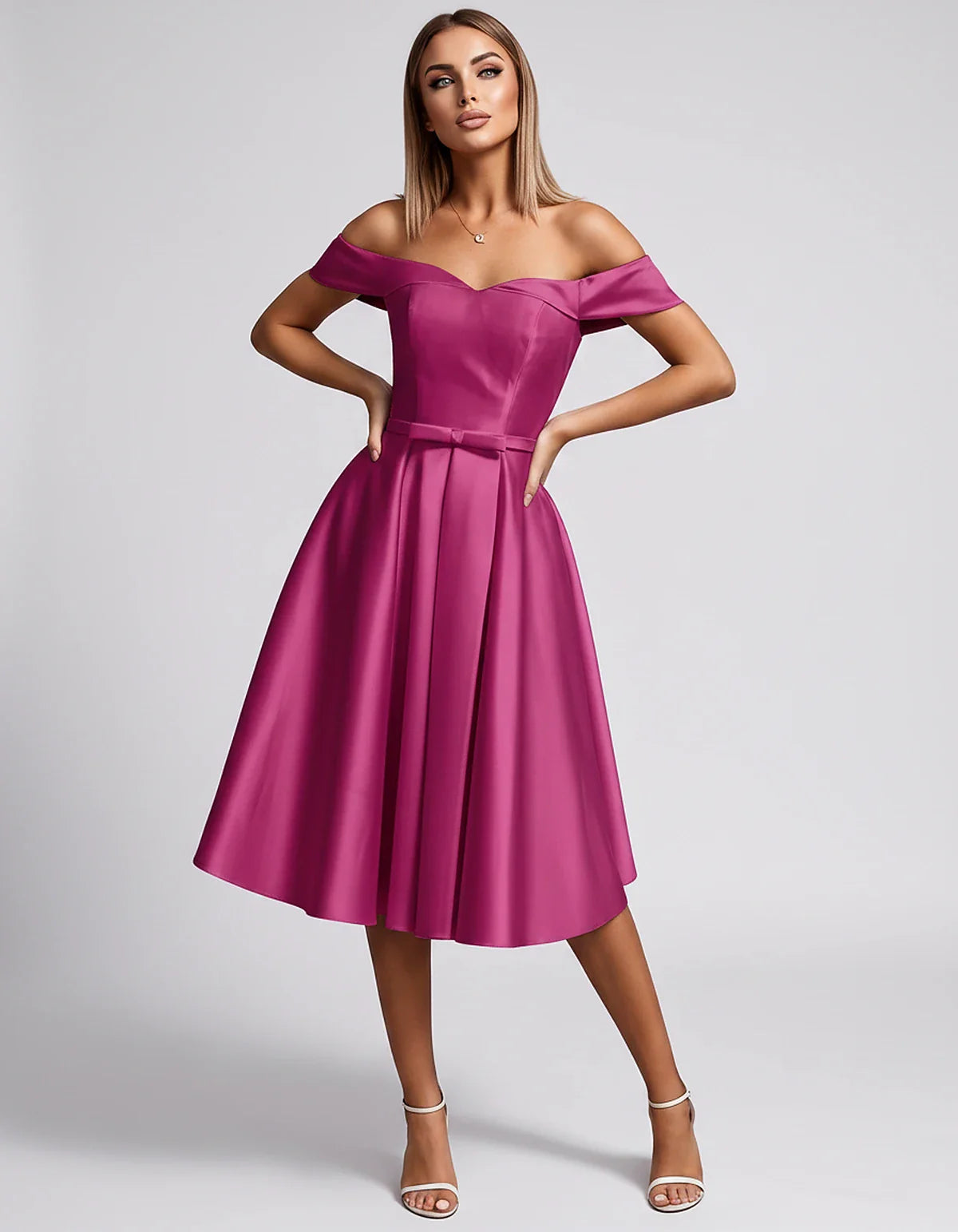 Satin Off-the-Shoulder Sweetheart A-Line Midi Dress with Pockets for Party, Cocktail, Evening, Wedding Guest & Summer Events, | SKU: LMD-584730196284715-CORAL-L,LMD-584730196284715-CORAL-M,LMD-584730196284715-CORAL-S,LMD-584730196284715-CORAL-XL,LMD-584730196284715-CORAL-XS
