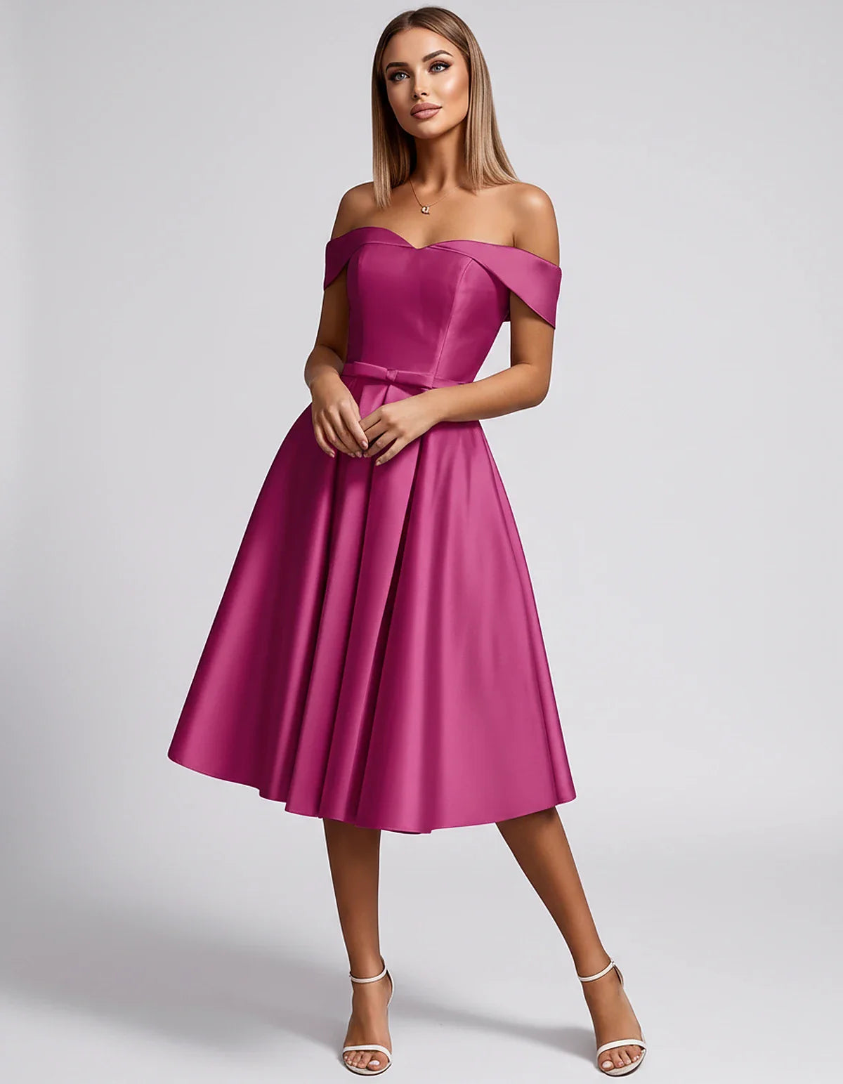 Satin Off-the-Shoulder Sweetheart A-Line Midi Dress with Pockets for Party, Cocktail, Evening, Wedding Guest & Summer Events, | SKU: LMD-584730196284715-CORAL-L,LMD-584730196284715-CORAL-M,LMD-584730196284715-CORAL-S,LMD-584730196284715-CORAL-XL,LMD-584730196284715-CORAL-XS