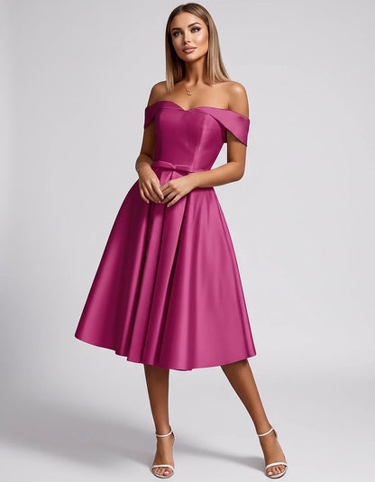 Satin Off-the-Shoulder Sweetheart A-Line Midi Dress with Pockets for Party, Cocktail, Evening, Wedding Guest & Summer Events, | SKU: LMD-584730196284715-CORAL-L,LMD-584730196284715-CORAL-M,LMD-584730196284715-CORAL-S,LMD-584730196284715-CORAL-XL,LMD-584730196284715-CORAL-XS