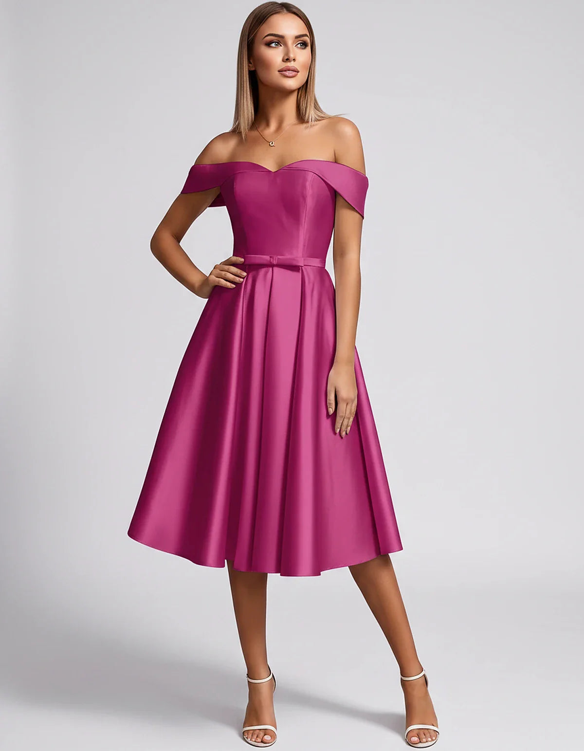 Satin Off-the-Shoulder Sweetheart A-Line Midi Dress with Pockets for Party, Cocktail, Evening, Wedding Guest & Summer Events, | SKU: LMD-584730196284715-CORAL-L,LMD-584730196284715-CORAL-M,LMD-584730196284715-CORAL-S,LMD-584730196284715-CORAL-XL,LMD-584730196284715-CORAL-XS