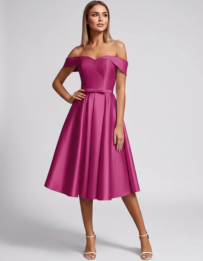 Satin Off-the-Shoulder Sweetheart A-Line Midi Dress with Pockets for Party, Cocktail, Evening, Wedding Guest & Summer Events, | SKU: LMD-584730196284715-CORAL-L,LMD-584730196284715-CORAL-M,LMD-584730196284715-CORAL-S,LMD-584730196284715-CORAL-XL,LMD-584730196284715-CORAL-XS