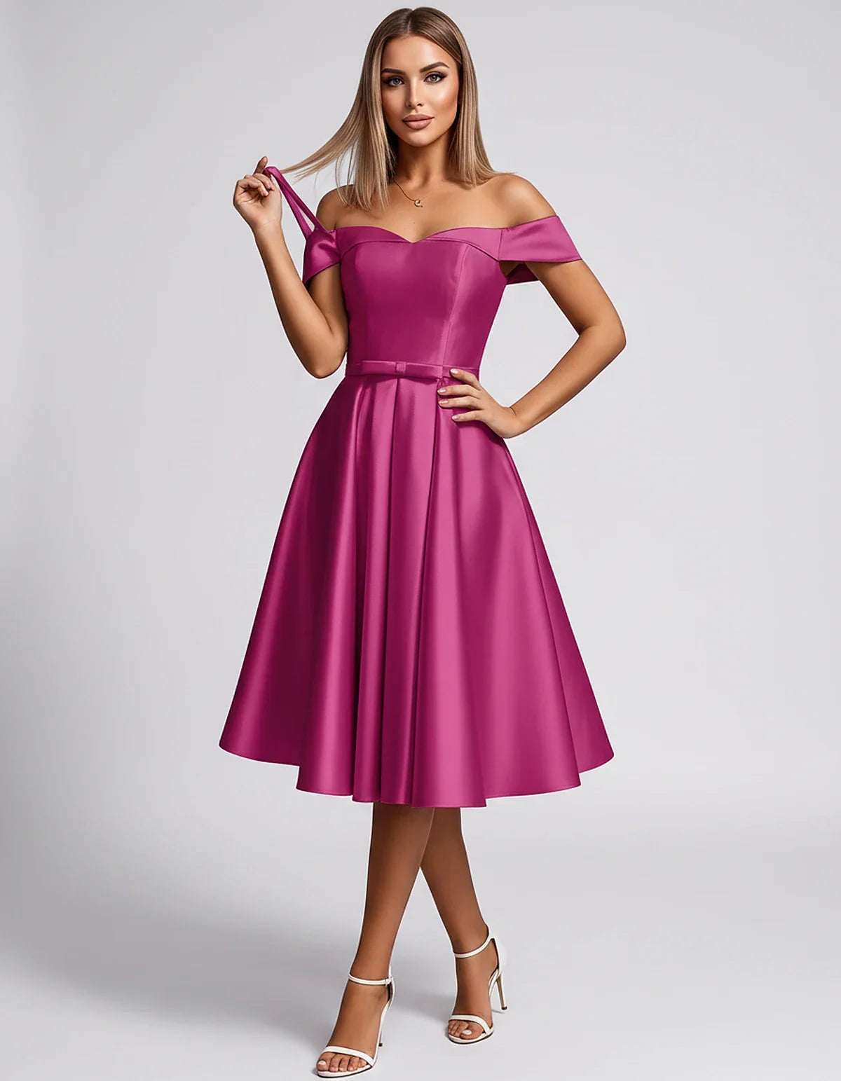 Satin Off-the-Shoulder Sweetheart A-Line Midi Dress with Pockets for Party, Cocktail, Evening, Wedding Guest & Summer Events, | SKU: LMD-584730196284715-CORAL-L,LMD-584730196284715-CORAL-M,LMD-584730196284715-CORAL-S,LMD-584730196284715-CORAL-XL,LMD-584730196284715-CORAL-XS