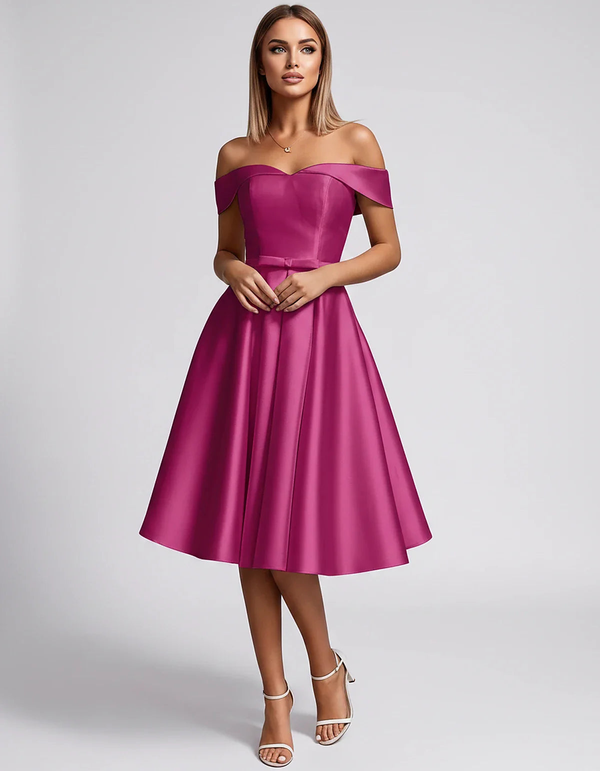 Satin Off-the-Shoulder Sweetheart A-Line Midi Dress with Pockets for Party, Cocktail, Evening, Wedding Guest & Summer Events, | SKU: LMD-584730196284715-CORAL-L,LMD-584730196284715-CORAL-M,LMD-584730196284715-CORAL-S,LMD-584730196284715-CORAL-XL,LMD-584730196284715-CORAL-XS