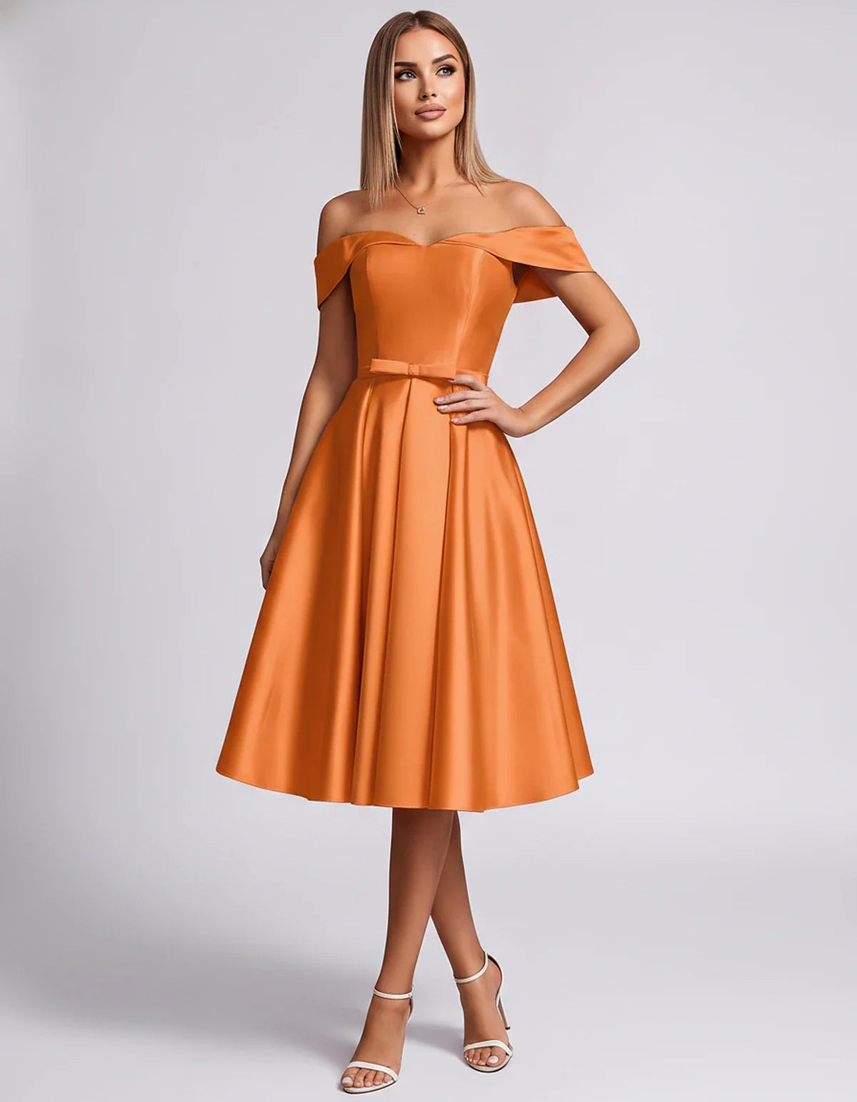 Satin Off-the-Shoulder Sweetheart A-Line Midi Dress with Pockets for Party, Cocktail, Evening, Wedding Guest & Summer Events, | SKU: LMD-584730196284715-ORANGE-L,LMD-584730196284715-ORANGE-M,LMD-584730196284715-ORANGE-S,LMD-584730196284715-ORANGE-XL,LMD-584730196284715-ORANGE-XS