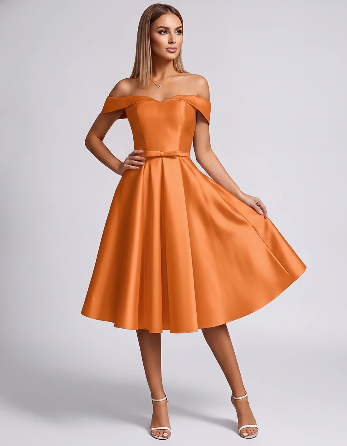 Satin Off-the-Shoulder Sweetheart A-Line Midi Dress with Pockets for Party, Cocktail, Evening, Wedding Guest & Summer Events, | SKU: LMD-584730196284715-ORANGE-L,LMD-584730196284715-ORANGE-M,LMD-584730196284715-ORANGE-S,LMD-584730196284715-ORANGE-XL,LMD-584730196284715-ORANGE-XS