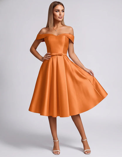 Satin Off-the-Shoulder Sweetheart A-Line Midi Dress with Pockets for Party, Cocktail, Evening, Wedding Guest & Summer Events, | SKU: LMD-584730196284715-ORANGE-L,LMD-584730196284715-ORANGE-M,LMD-584730196284715-ORANGE-S,LMD-584730196284715-ORANGE-XL,LMD-584730196284715-ORANGE-XS