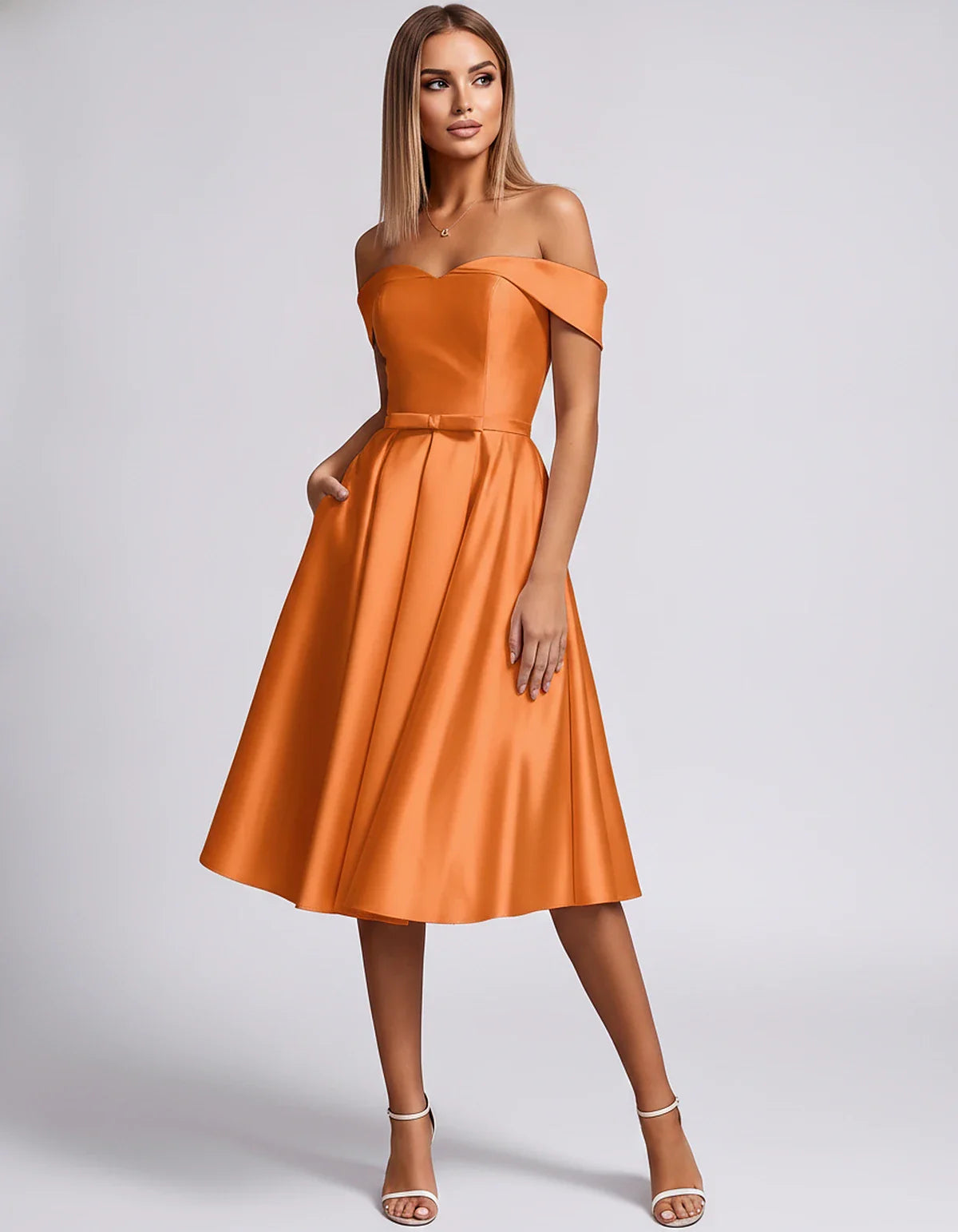 Satin Off-the-Shoulder Sweetheart A-Line Midi Dress with Pockets for Party, Cocktail, Evening, Wedding Guest & Summer Events, | SKU: LMD-584730196284715-ORANGE-L,LMD-584730196284715-ORANGE-M,LMD-584730196284715-ORANGE-S,LMD-584730196284715-ORANGE-XL,LMD-584730196284715-ORANGE-XS