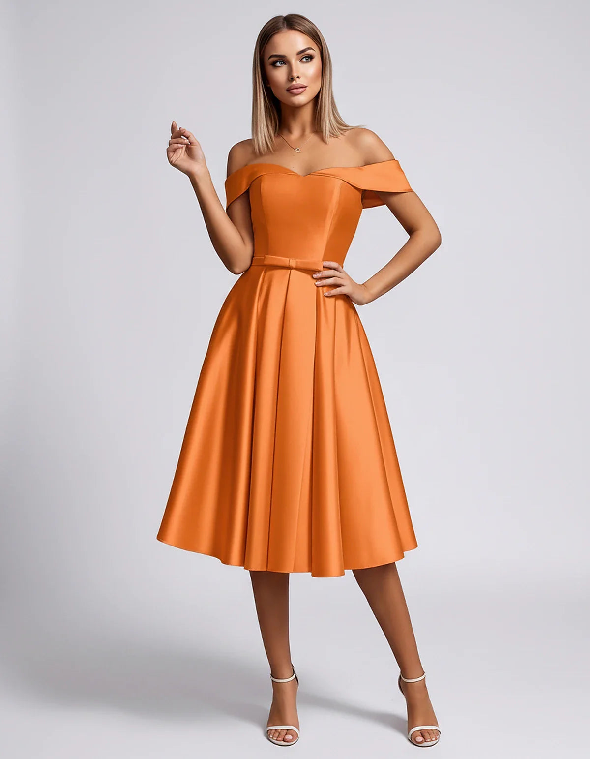 Satin Off-the-Shoulder Sweetheart A-Line Midi Dress with Pockets for Party, Cocktail, Evening, Wedding Guest & Summer Events, | SKU: LMD-584730196284715-ORANGE-L,LMD-584730196284715-ORANGE-M,LMD-584730196284715-ORANGE-S,LMD-584730196284715-ORANGE-XL,LMD-584730196284715-ORANGE-XS